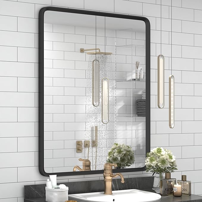 24x32 Black Bathroom Mirror, Rounded Rectangle Mirror, Shatterproof by GOLOMO