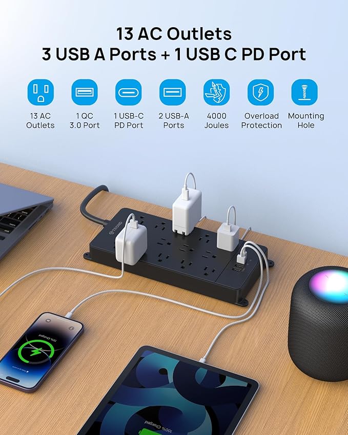 TROND Surge Protector Power Strip 15 ft, Flat Plug Extension Cord - Image 2
