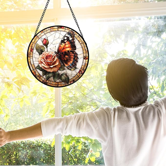DASTOLL Stained Glass Window Hanging, Butterfly Picking Flowers Suncatcher - Image 3