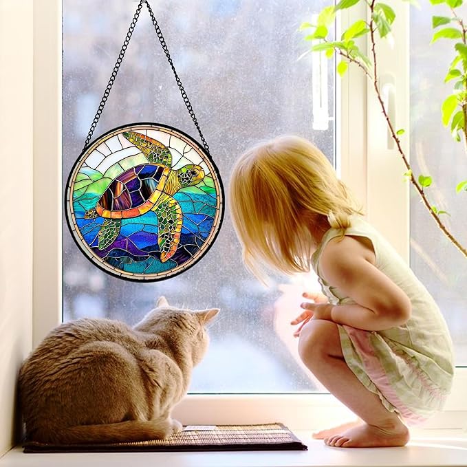 DASTOLL Stained Glass Window Hanging, Colored Turtle Ocean Suncatcher Diamond - Image 2