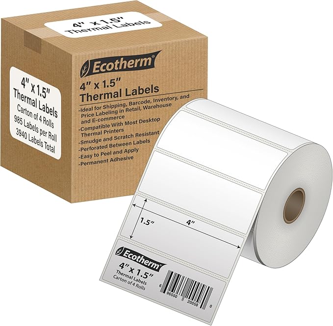 4" x 1.5" Thermal Labels | 4 Rolls | 3940 Labels | fits Zebra, Offnova Thermal by EcothermProducts