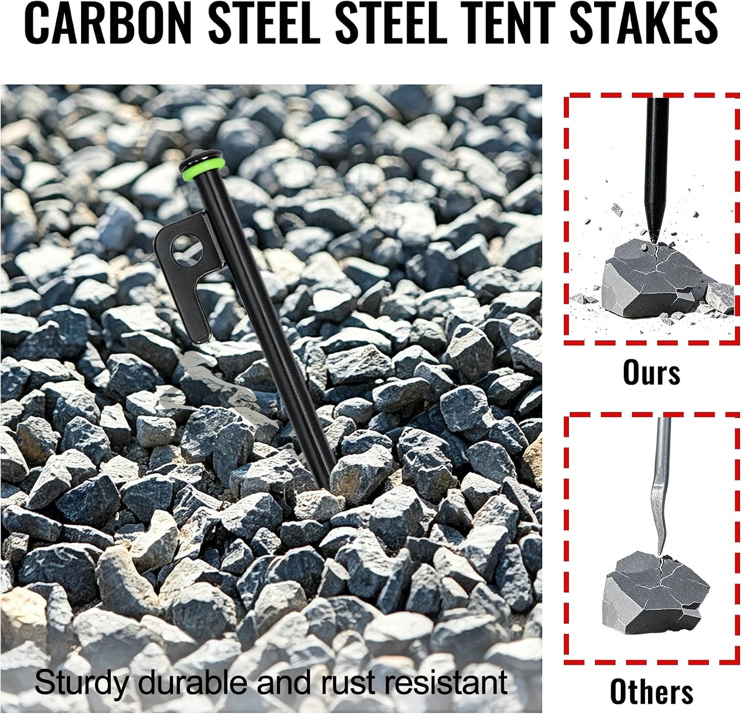 12 Pack Tent Stakes Heavy Duty Tent Stakes With Camping Hammers | Tent Accessories Carbon Steel Construction for Outdoor Camping, Hiking, Lawn Construction, Survival