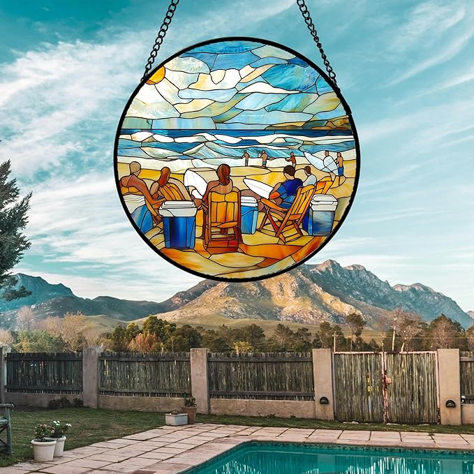 AMDERVEN Stained Glass Window Hanging 4 Pcs Set Blue Ocean Surfing Beach 7.8" - Image 5