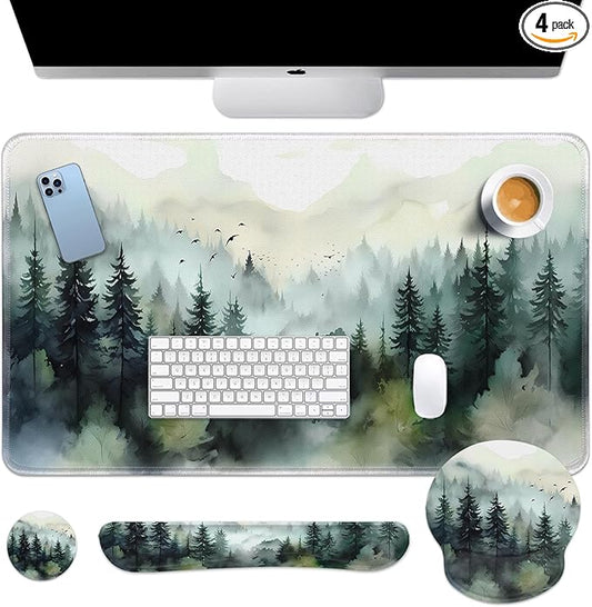 Britimes Green Ink Style Mountain Forest Keyboard Mouse Pad Set 4in1 Large by Britimes