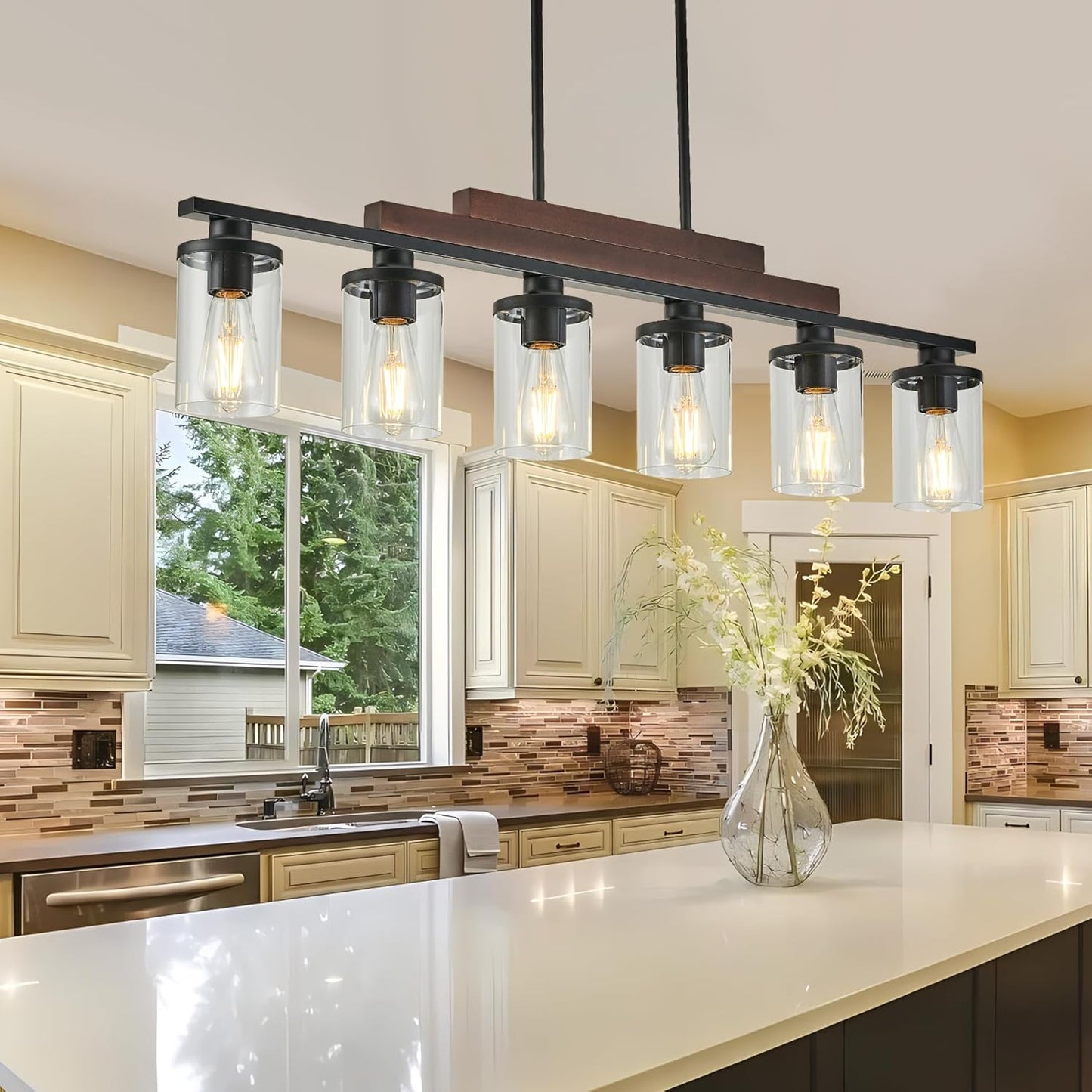 Farmhouse Chandelier 6-Light Dining Room Light Fixture Over Table Kitchen Island Lighting Rustic Chandeliers for Dining Light with Glass Shade Wood Pendant Lights Kitchen Island