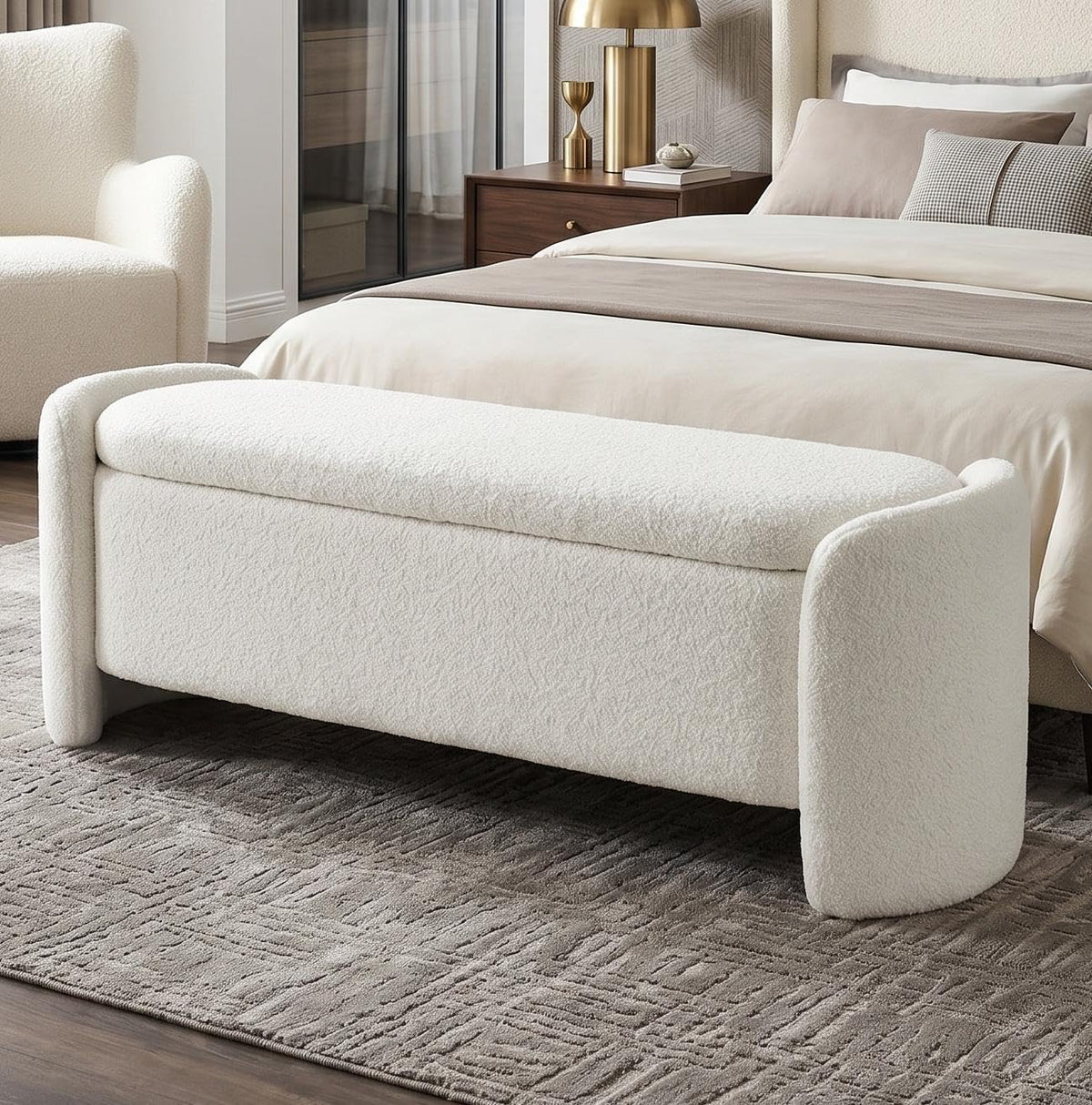 lukealon 50" wide sherpa storage bench, white, main product view