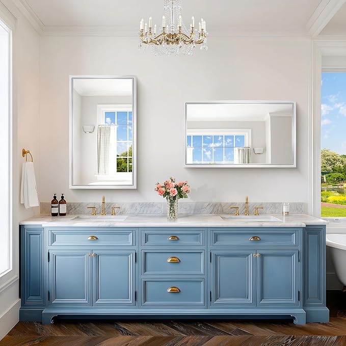 40x24 Silver Bathroom Mirror, Brushed Silver Rectangular Mirror - Image 3