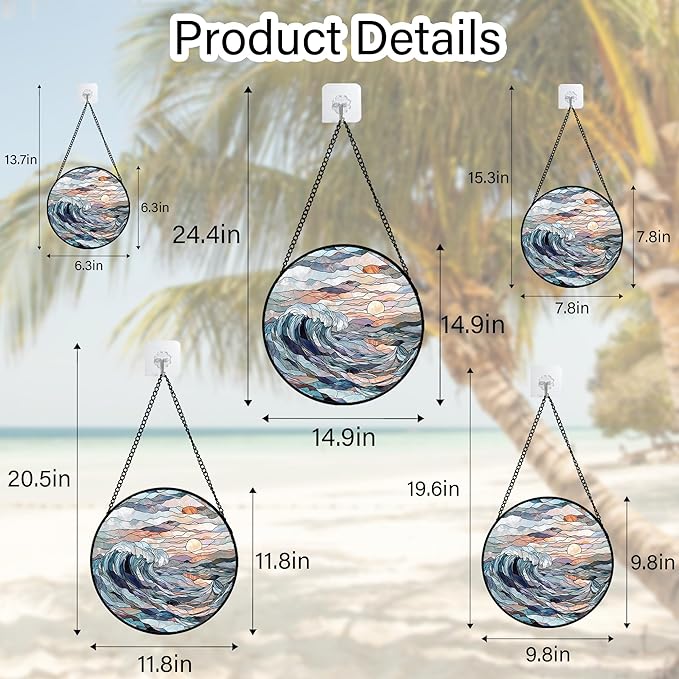 DASTOLL Stained Glass Window Hanging, Sunrise Waves Sun Catchers Diamond Glass - Image 6