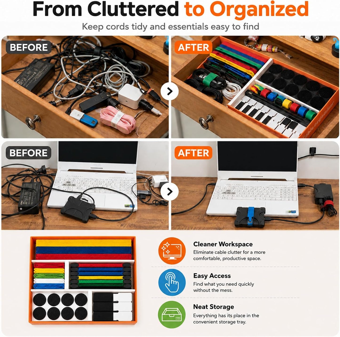 Cable Management Kit, 135 Pcs Reusable Cable Ties and Cord Labels | with Adhesive Cable Clips, Hook and Loop Straps for Under Desk Wire Organizer Home Office - Multicolor