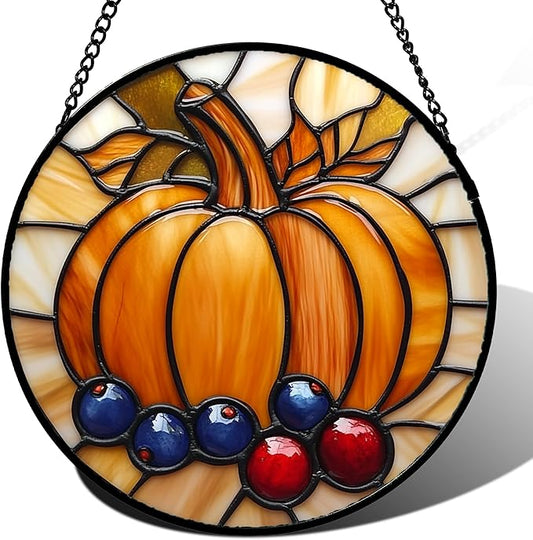 DASTOLL Stained Glass Window Hanging Fall Pumpkin Berries Large 11.8" by DASTOLL