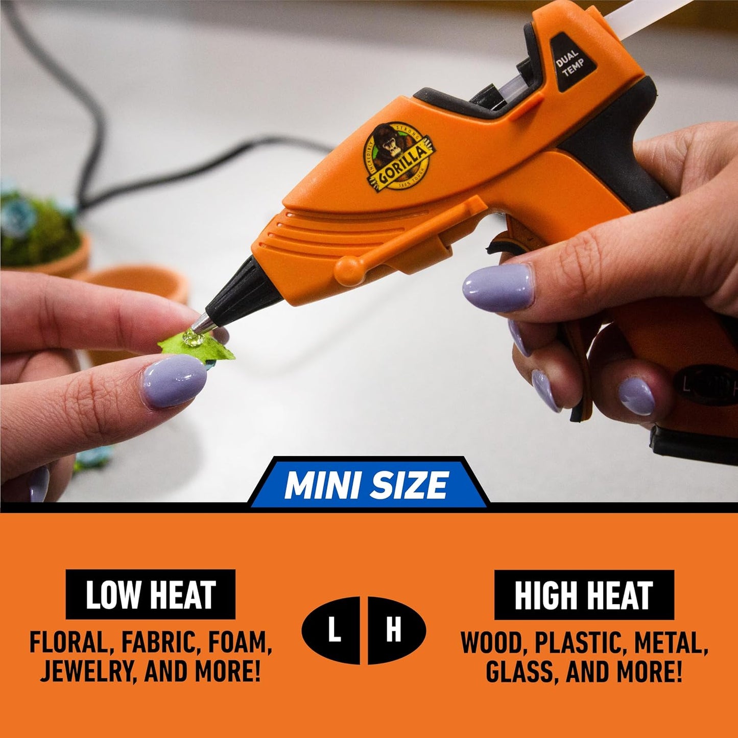 Gorilla Hot Glue Gun, Dual Temp, Mini Size, Easy Squeeze Trigger | Precision Nozzle, Enhanced Safety Features, Built-In Stand, Ideal for DIY, Craft, Repairs, and More