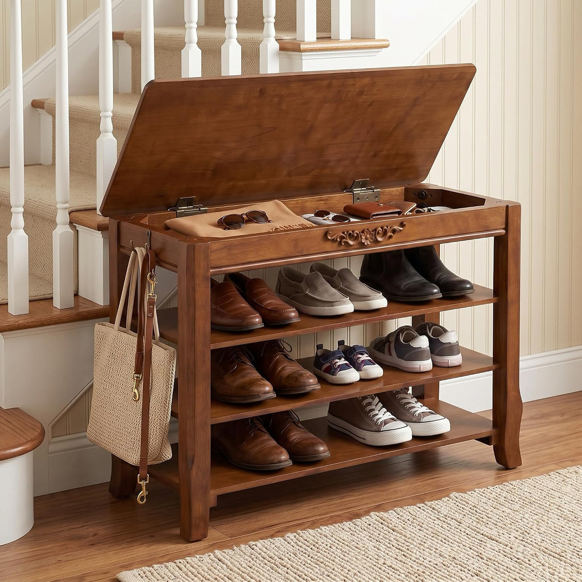 shoe rack bench with lift-top storage,3-tier shoe storage, main product view