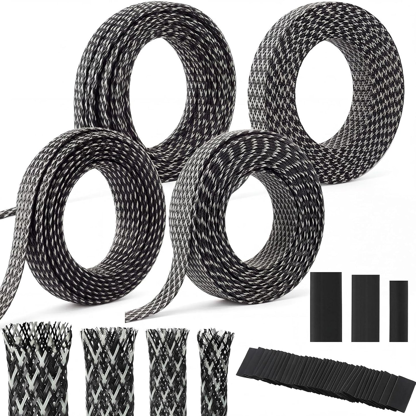 Tatuo 151 ft Expandable Braided Cable Sleeve Multi Size Braided Wire Sleeve with Heat Shrink Tubing for Television Audio Computer Cables Video Pet, 1/4 in, 2/5 in, 1/2 in, 3/4 in(Silver, Black)