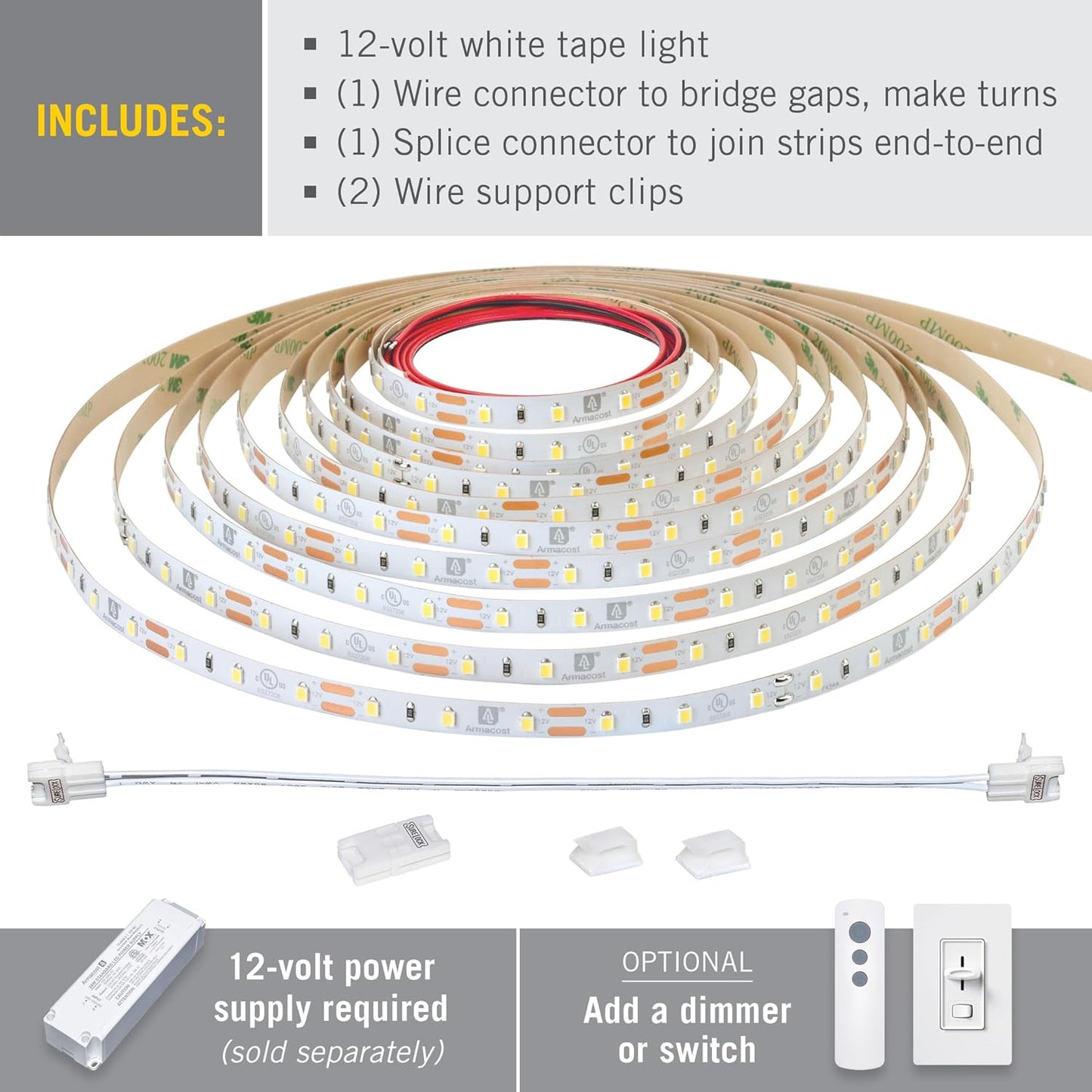Armacost Lighting RibbonFlex Pro 12V White LED Strip Lights 60 LED/m, 3000K, 20 ft, 142240N