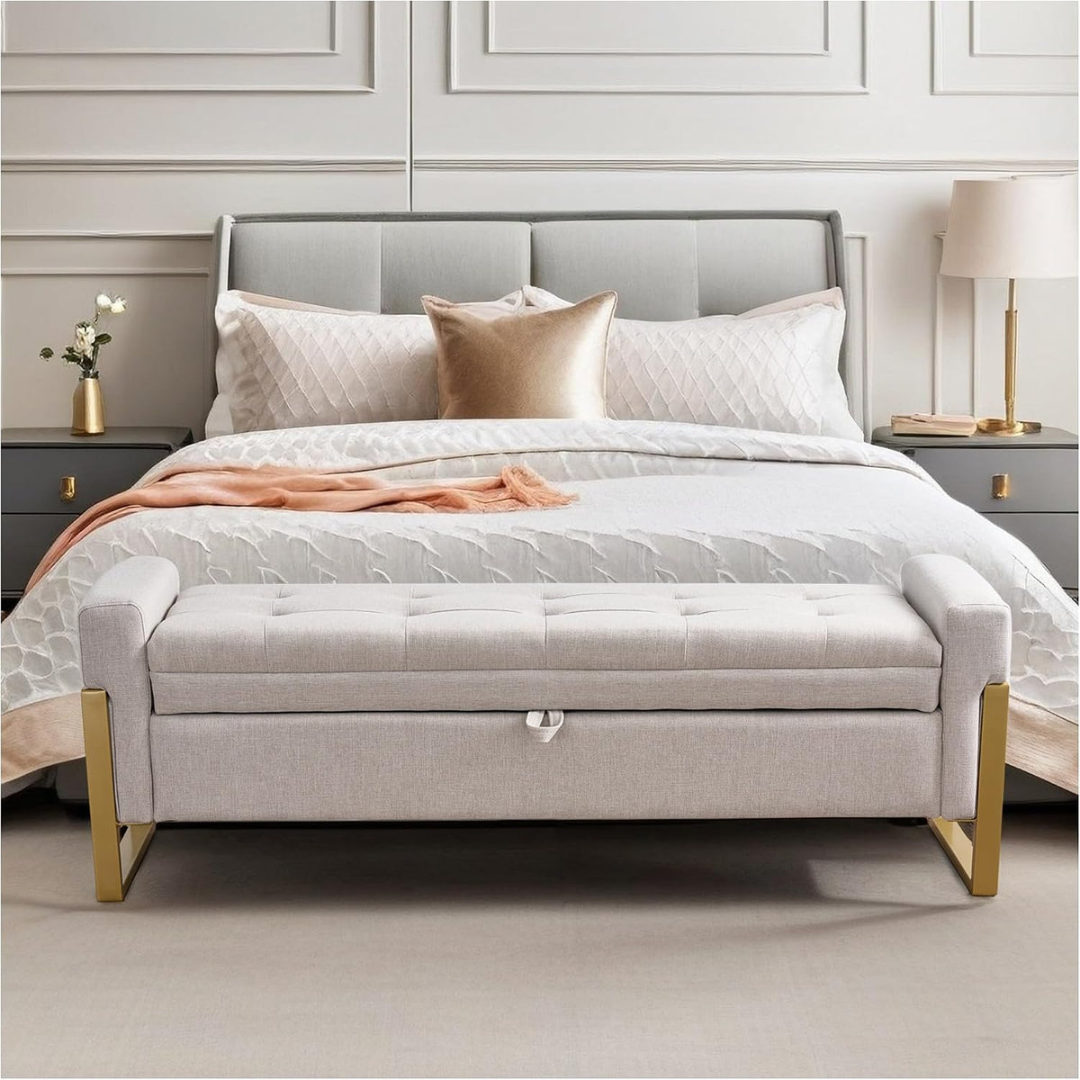 57" storage ottoman bench，upholstered linen end of bed, main product view
