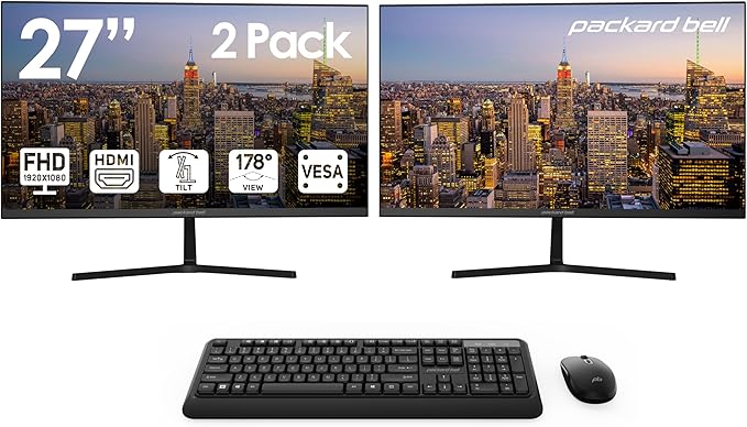 Packard Bell airFrame 27" FHD Monitors + Wireless Keyboard & Mouse, VESA Mount by PackardBell