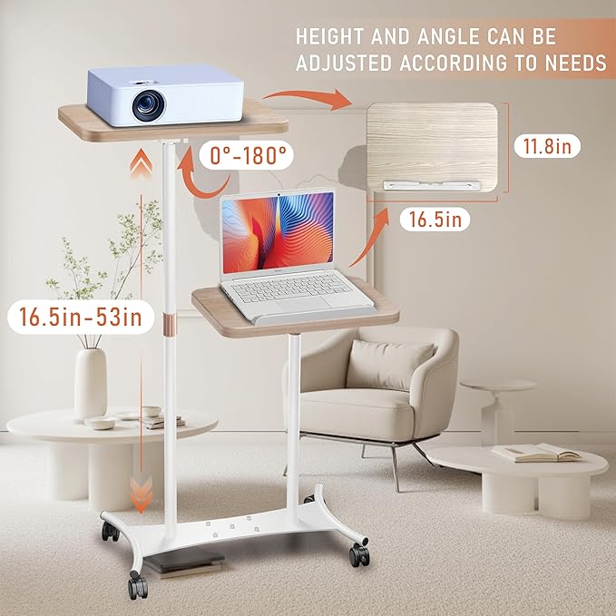 YUMFUN 2 Shelves Projector Stand, Mobile Laptop Cart on Wheels Projector Stand - Image 3