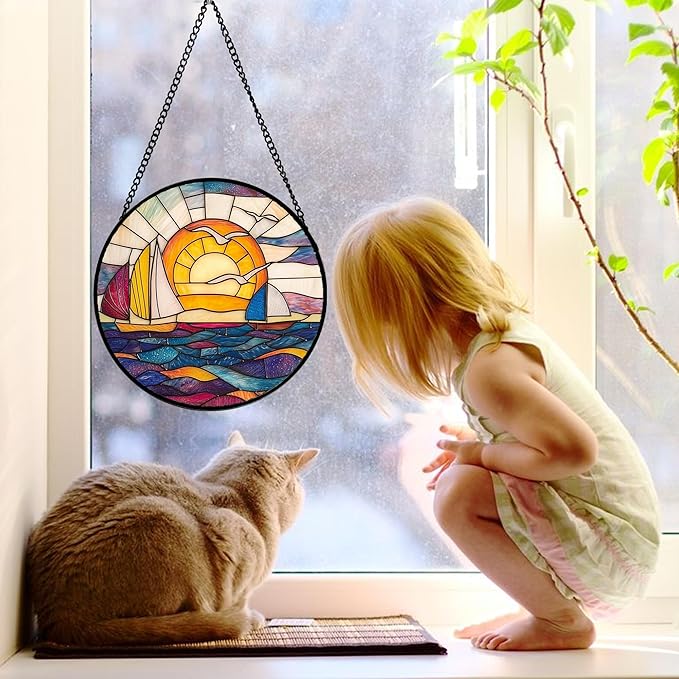 DASTOLL Stained Glass Window Hanging, Sailboat and Waves Suncatcher Diamond - Image 2