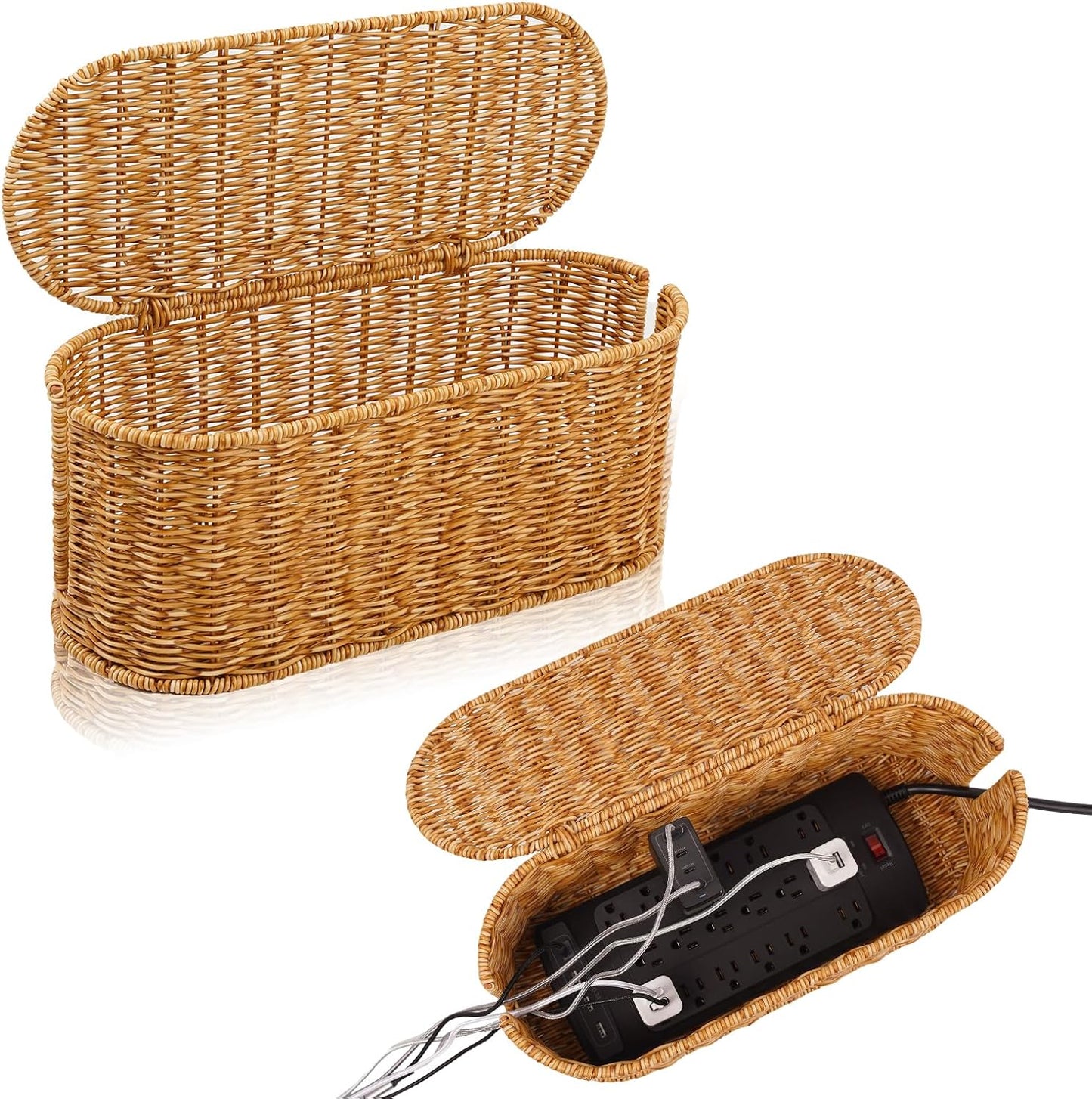 Cable Management Box, Handmade Rattan Cable Organizer, 2 Open Slots Cords Hider Box, Under Desk Cord Organizer for Computer Router USB Hub & Power Strip, 15.9" x 6.5" x 6.5", Natural