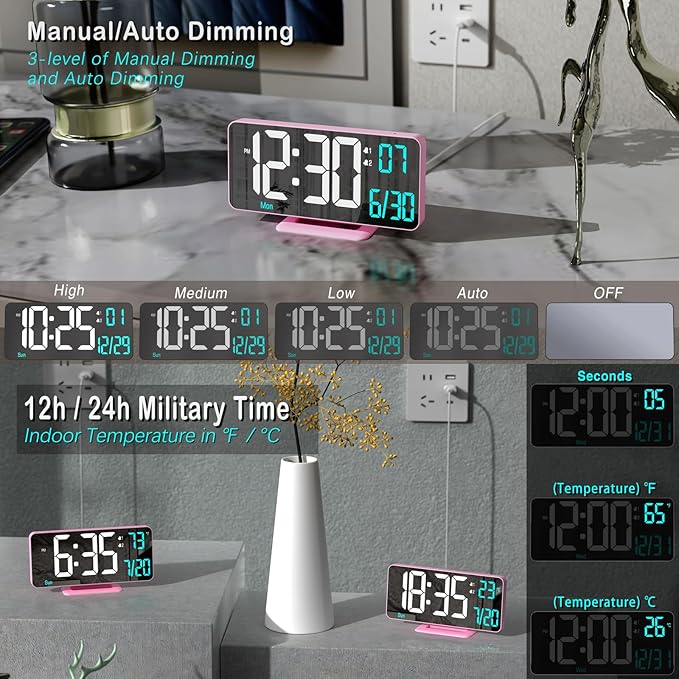 Pink Digital Clock for Bedroom 6.7in Dual Alarm Clock - Image 3