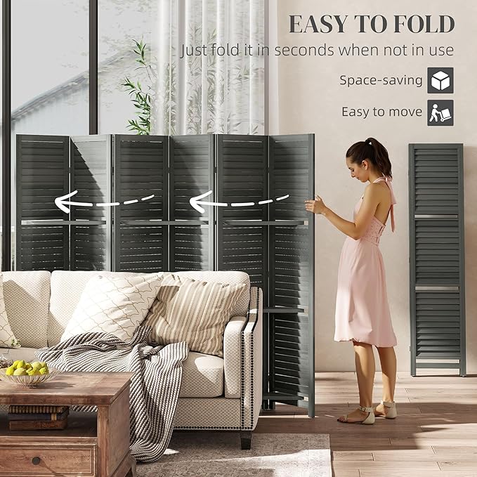 HOMCOM Room Divider, 6 Panel 67" Tall Wood Privacy Screen - Image 4