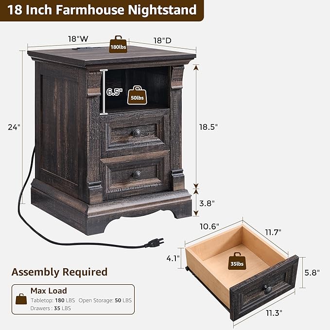 Farmhouse Nightstand with Charging Station, Wooden Sofa Side Table w/Roman - Image 2