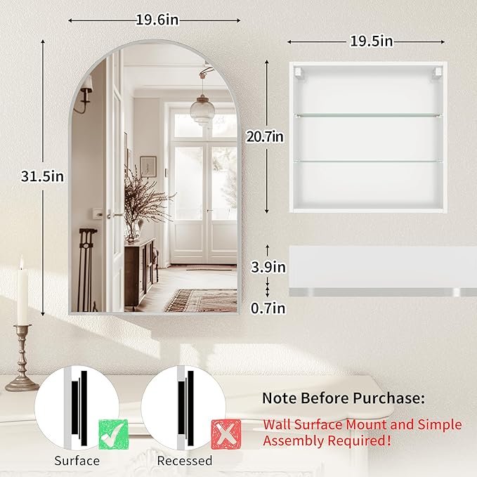 Bathroom Medicine Cabinet with Mirror Silver, Arched Wall Mounted Bathroom - Image 2