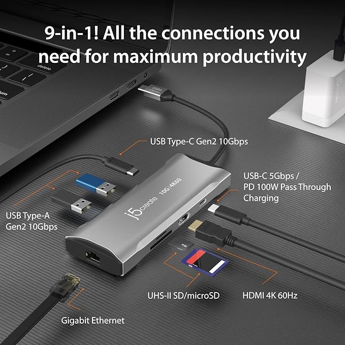 j5create Laptop Docking Station, 4K60Hz HDMI, USB-C 10Gbps, 2 USB-A 10Gbps - Image 2