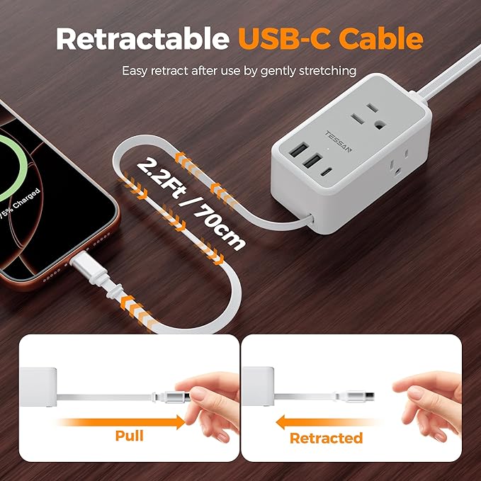 TESSAN Small Flat Plug Power Strip - Image 2