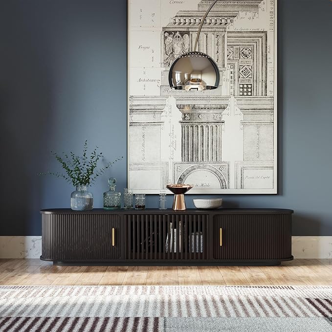 POVISON Fully-Assembled Mid Century Modern TV Stand, Sliding Tambour Door - Image 2