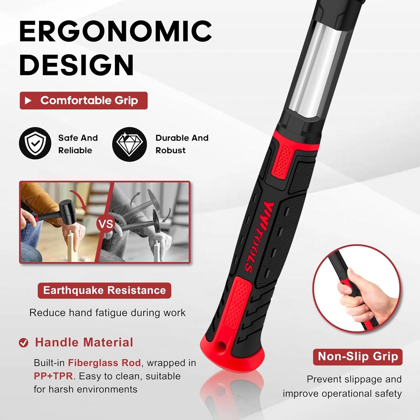 YIYITOOLS 16oz Rubber Mallet Hammer,Double Faced Soft Mallets,Durable Solid Rubber Head,Fiberglass Handle,Ergonomic Grip,Mallet for Flooring,Tent,Woodworking,Camping,Soft Blow Task without Damage