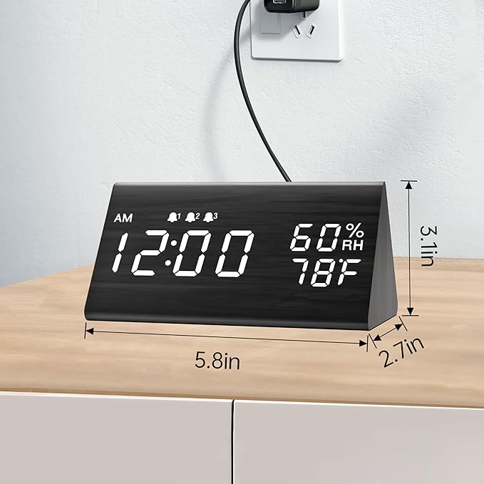Digital Alarm Clock, with Wooden Electronic LED Time Display, 3 Alarm Settings - Image 7