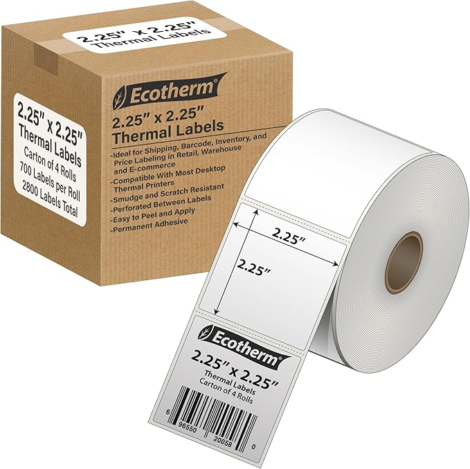2.25" x 2.25" Thermal Labels | 4 Rolls | 2800 Labels | fits Zebra, Offnova by EcothermProducts