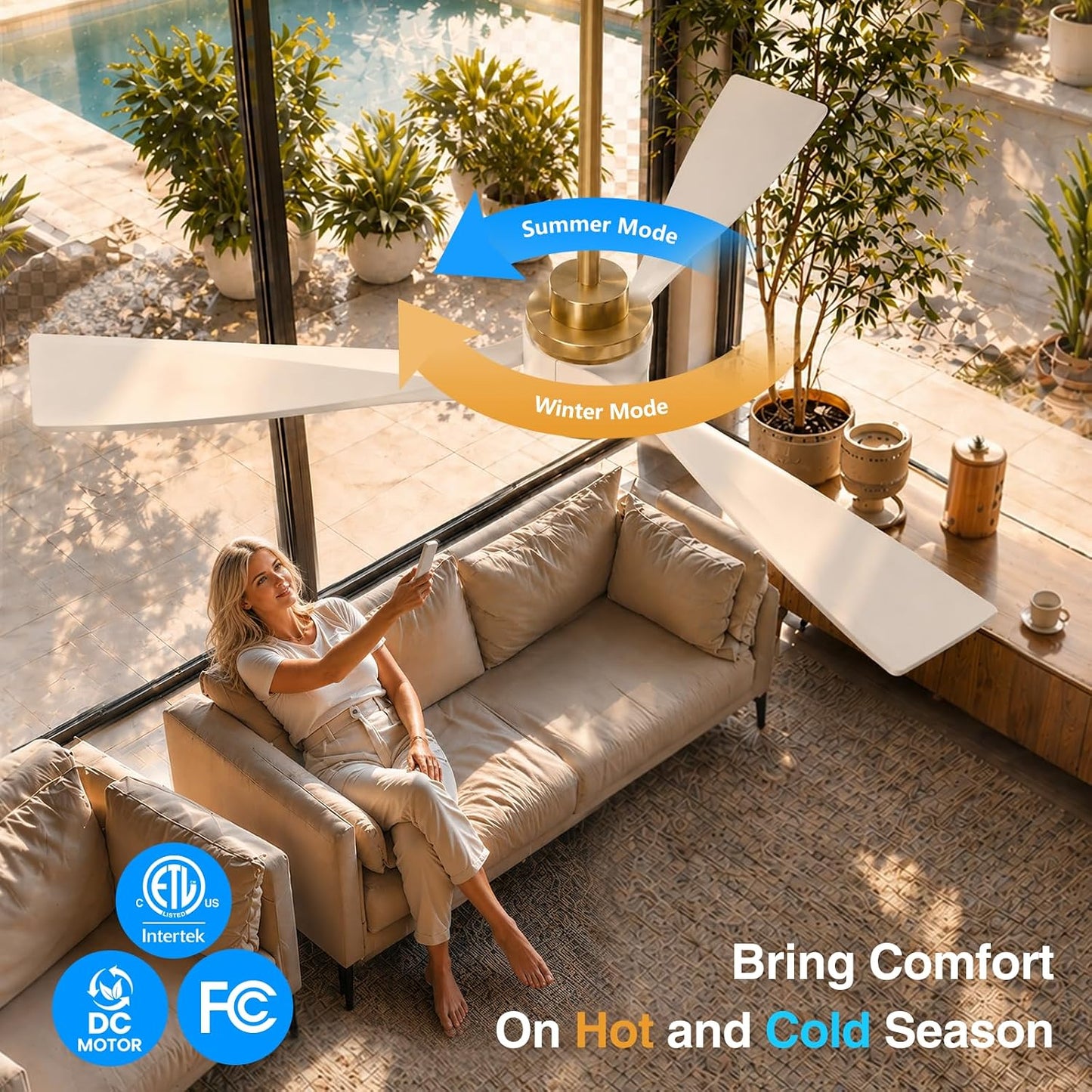 56 inch Modern Smart Ceiling Fan with Light, Gold White Outdoor Ceiling Fans for Patios with Alexa/Google/App and Remote Control, 3 Blade DC High CFM for Indoor Bedroom/Living Room/kitchen Ceiling Fan