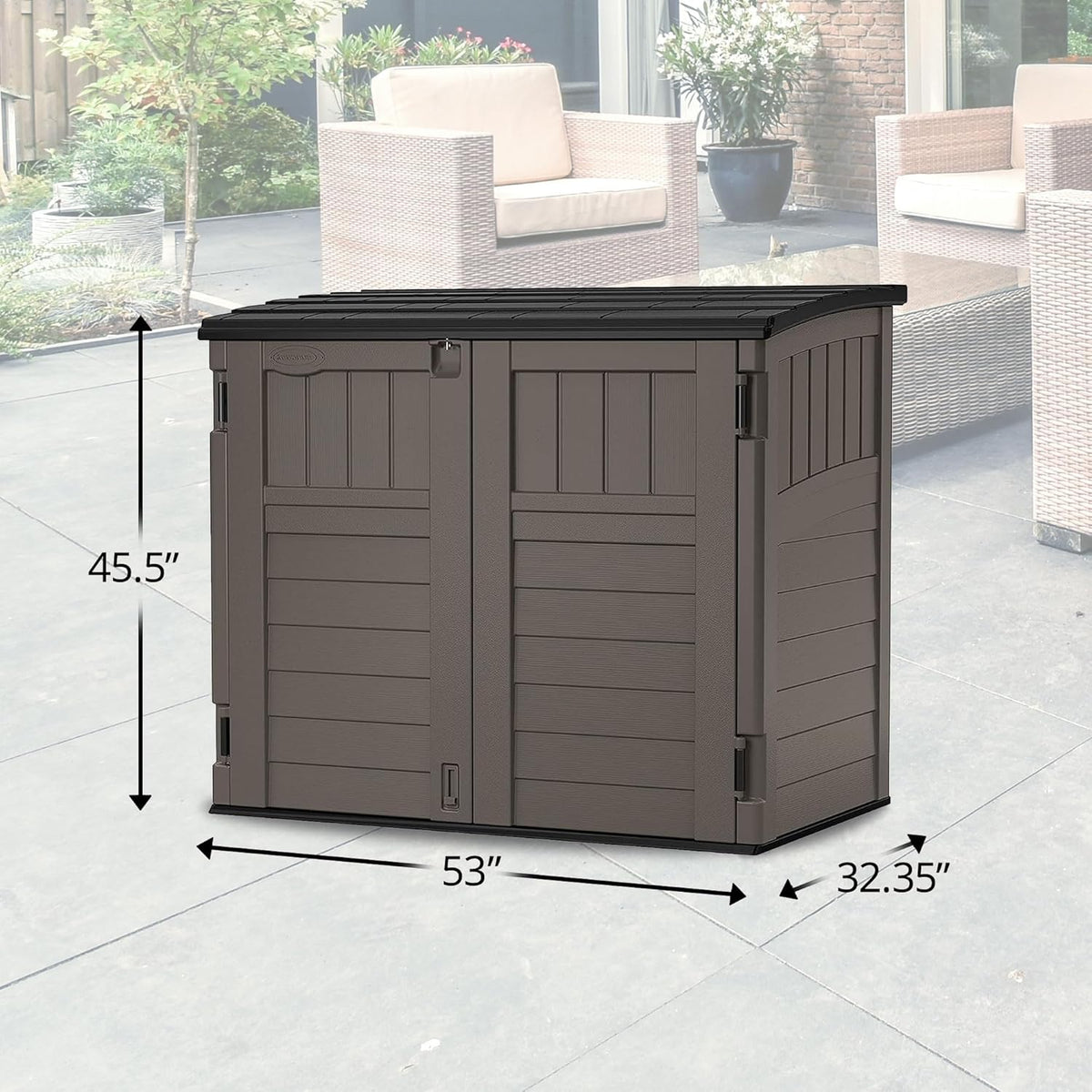 suncast 34 cu ft horizontal storage shed, resin shown in use