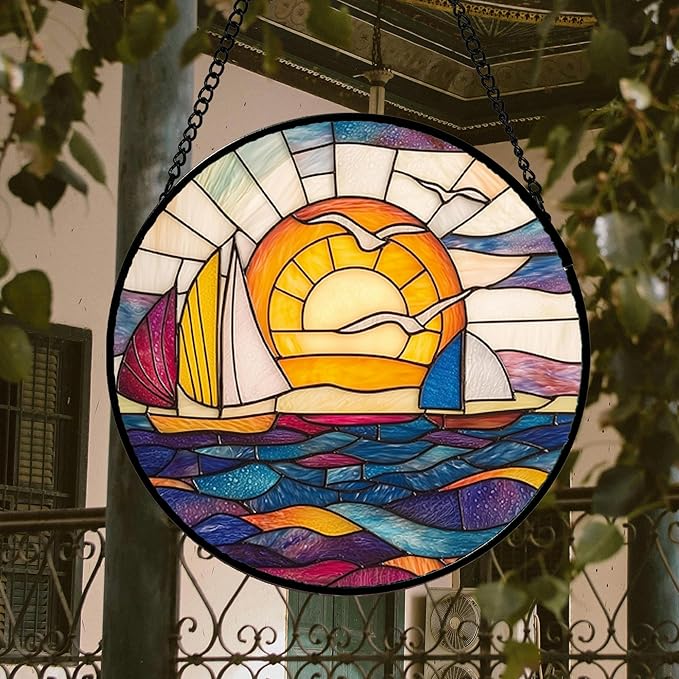 DASTOLL Stained Glass Window Hanging, Sailboat and Waves Suncatcher Diamond - Image 2