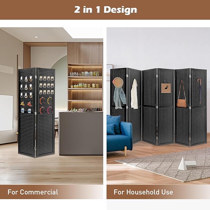 ECOMEX 6 Panel Room Divider, 5.6Ft Pegboard Display Wooden Room Divider Folding - Image 2