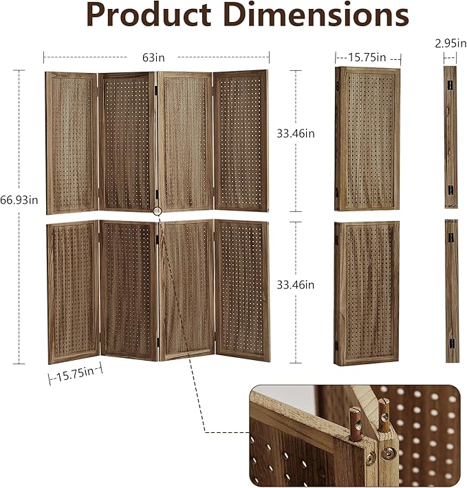 Leesinwing 4 Panel Wooden Room Dividers, 5.6FT High Plug-in Folding Screen Made - Image 7