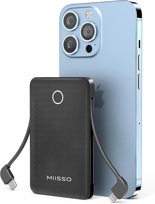 miisso 6000mah Ultra Slim Built in Cables Power Bank, Card Size Built in USB C by MIISSO