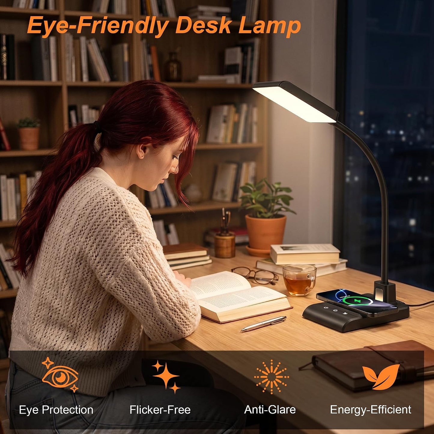Desk Lamp with Wireless Charger, Desk Lamps for Home Office Night Light | 3 Color Modes with Stepless Dimming, CRI 90+, 1000lm, 360° Flexible Arm, Eye-Caring Study Lamp for College Dorm Room