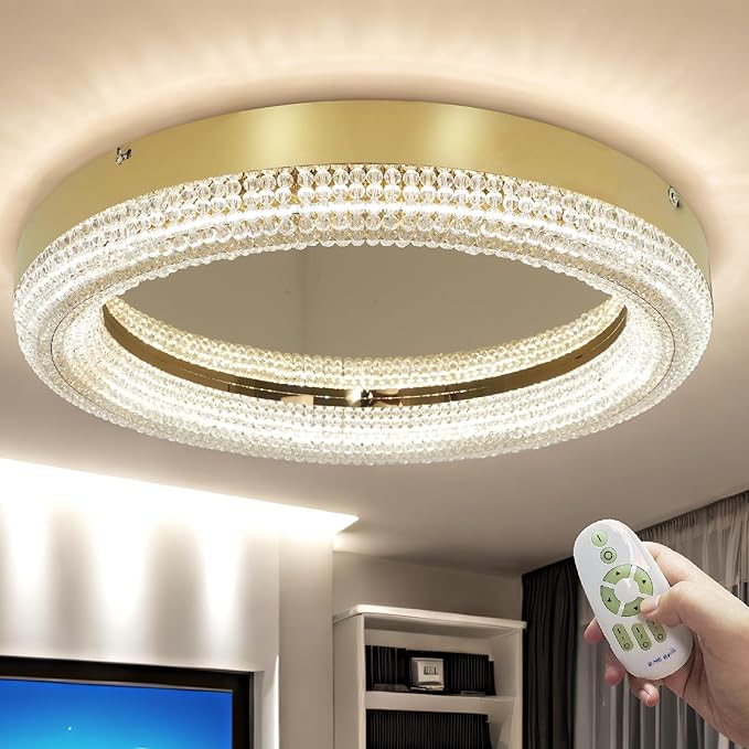 23.6" Gold LED 3 Color Remote Dimmable Modern Crystal Chandelier Round LED by Artisinspiredbylifebutbeyondit