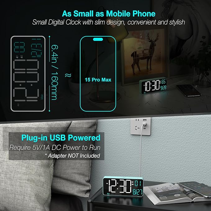 KOSUMOSU Digital Alarm Clock for Bedroom, 6.7in Desk Clock LED, Auto Dimming - Image 3