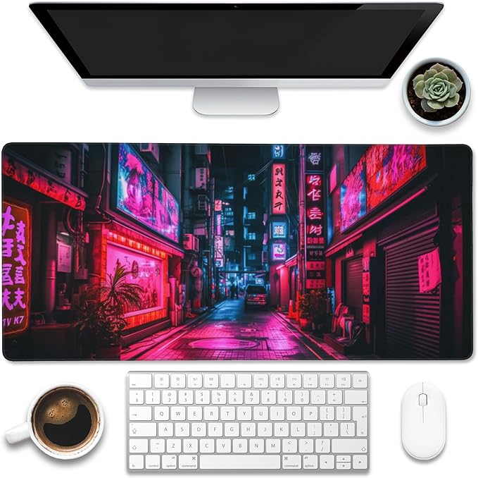 Eflxamz Desk Mat, Japanese Anime Neon Street Desk Pad, Anime City Large Gaming by Eflxamz