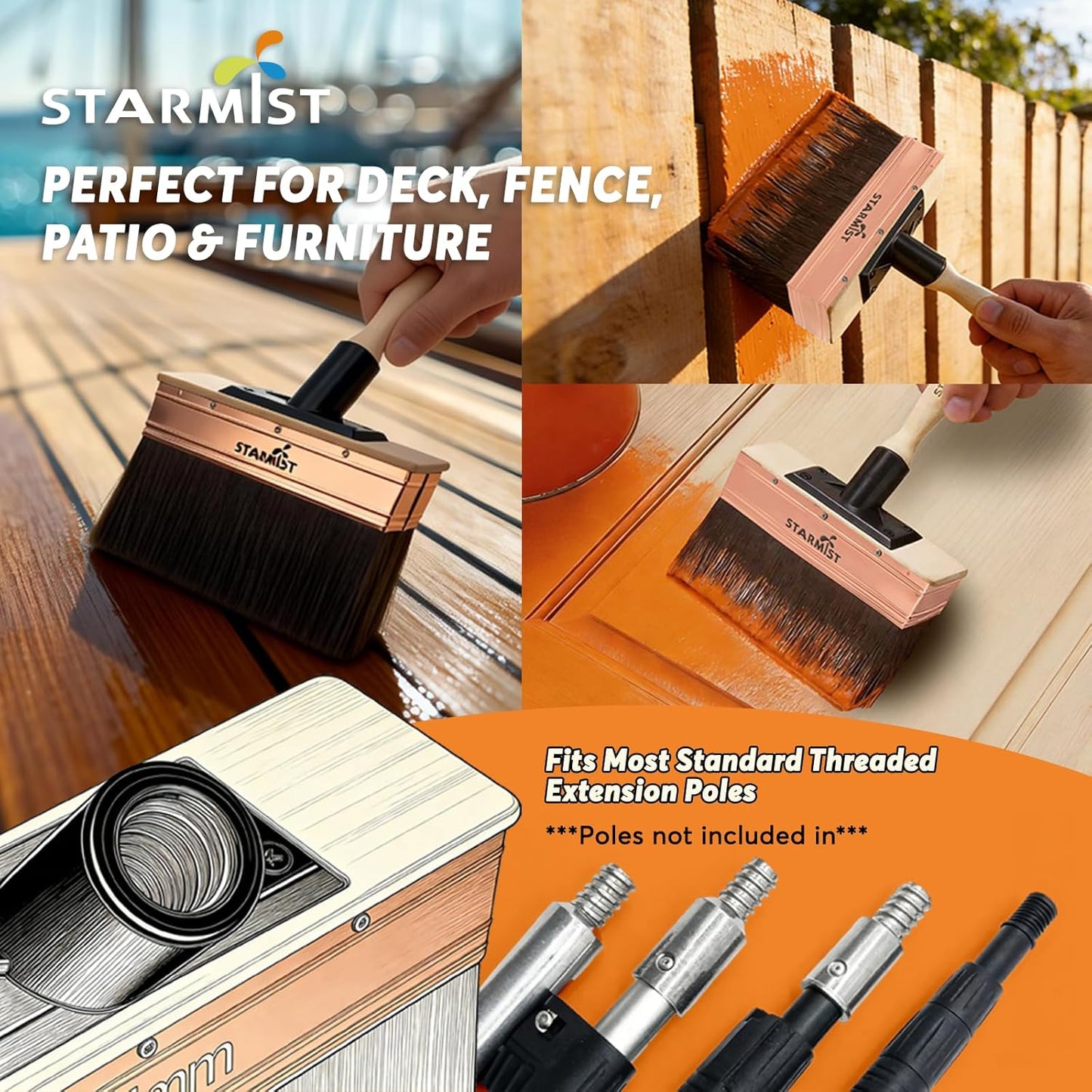 7-Inch Deck Stain Brush Applicator with Hybrid Wavy-Crimped & Straight Bristles – Heavy Duty Deck Paint Brush with Threaded Handle,Compatible with Extension Poles for Decks, Fences & Textured Surfaces