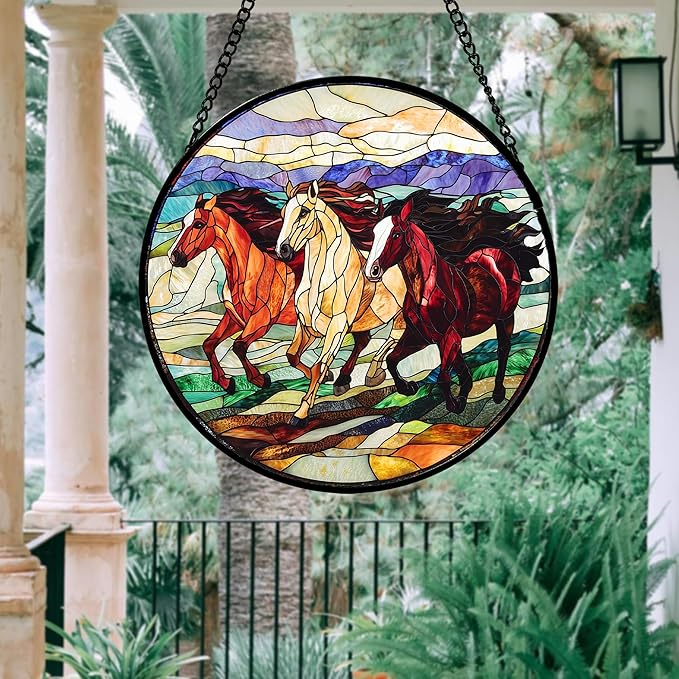 DASTOLL Stained Glass Window Hanging, Colorful Landscape Running Horse - Image 4
