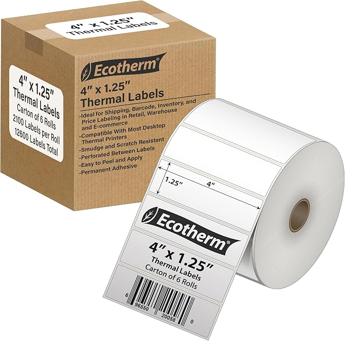 4" x 1.25" Thermal Labels | 6 Rolls | 12600 Labels | fits Zebra, Offnova by EcothermProducts