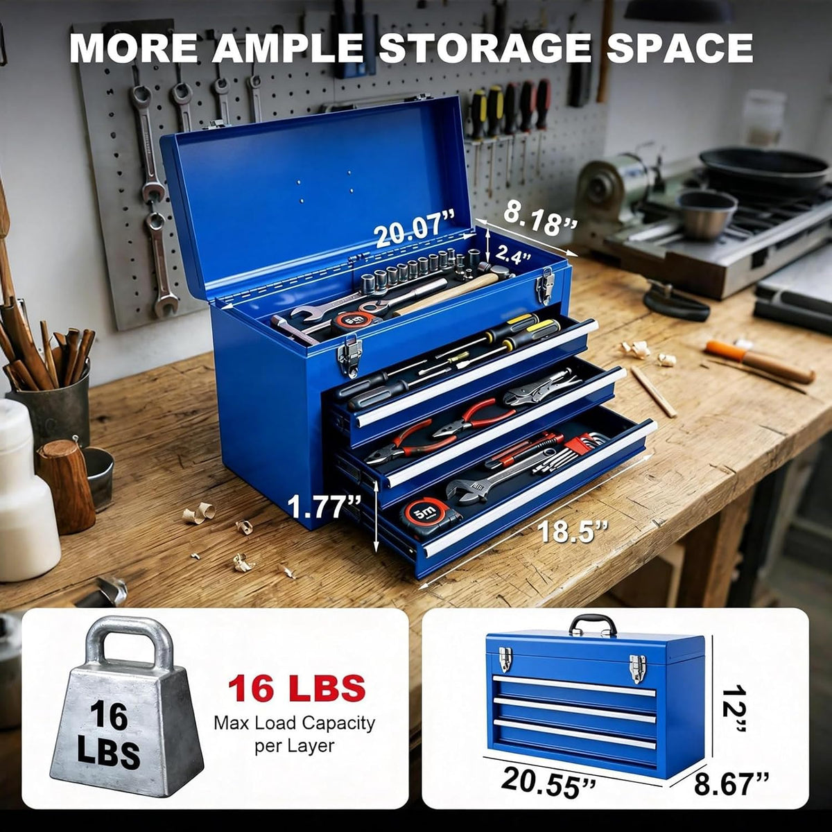 big red metal tool box, 20.5-inch, portable metal shown in use
