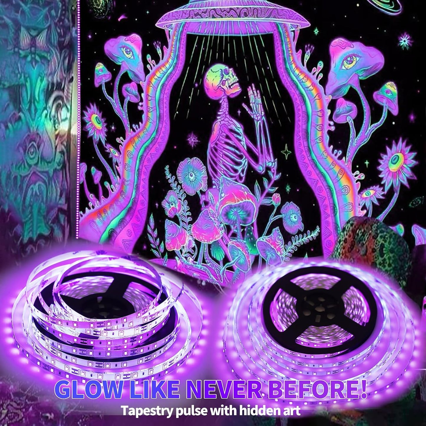 66 Foot Black Light Strip & Remote, 1200LEDs, Dimmable, 3 Lighting Modes | 12V Flexible Black Lights for Halloween, Glow Neon Party, Bedroom, Classroom, Fluorescent Decor Tapestry Poster, Indoor