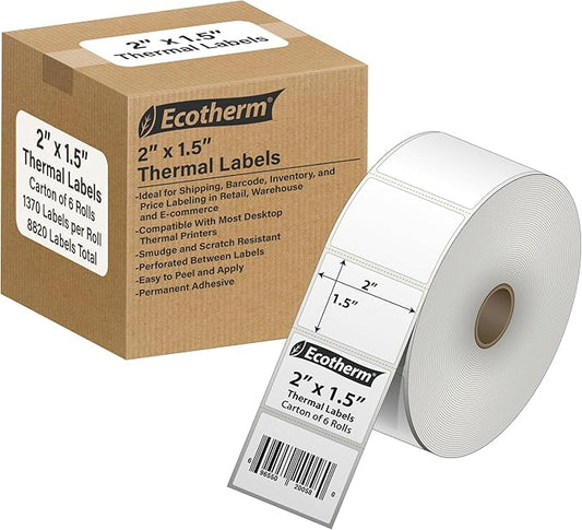 2" x 1.5" Thermal Labels | 6 Rolls | 8220 Labels | fits Zebra, Offnova Thermal by EcothermProducts