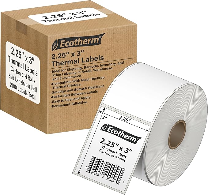 2.25" x 3" Thermal Labels | 4 Rolls | 2100 Labels | fits Zebra, Offnova Thermal by EcothermProducts